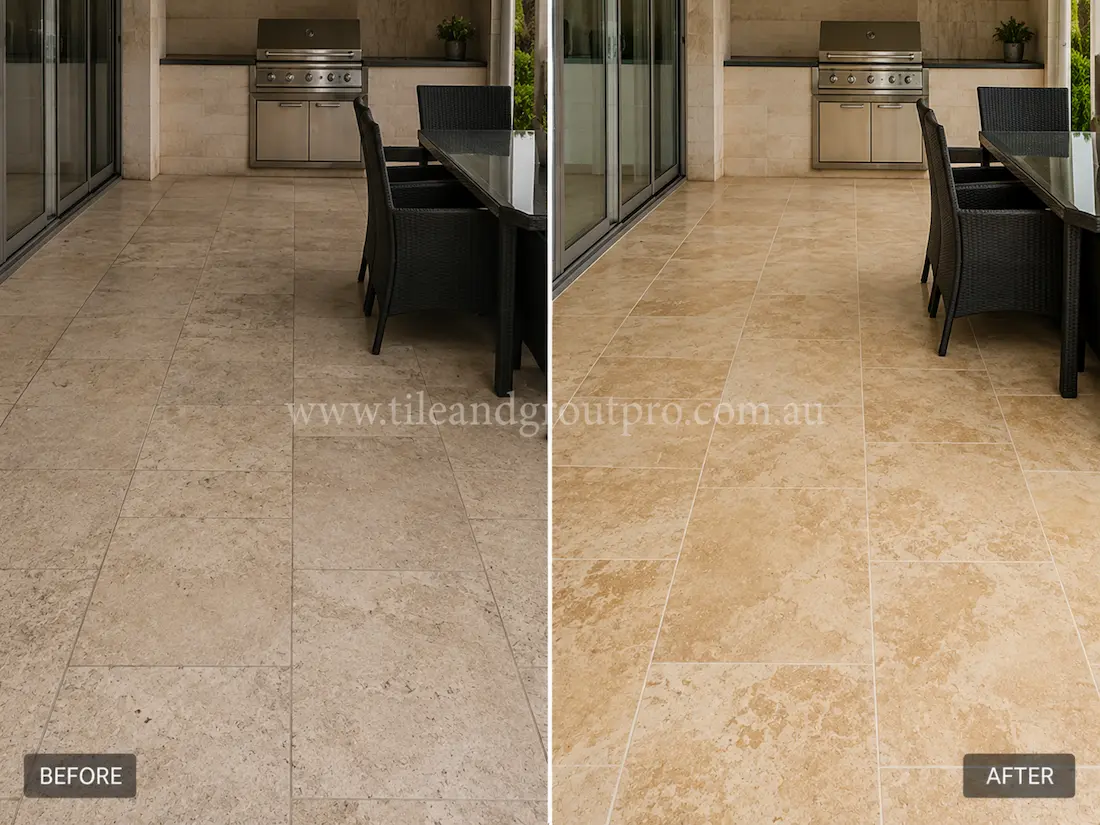 Before tile renewal, the outdoor travertine patio floor near the built-in barbecue and dining area appeared dull with weather exposure, light staining, and worn surface texture.