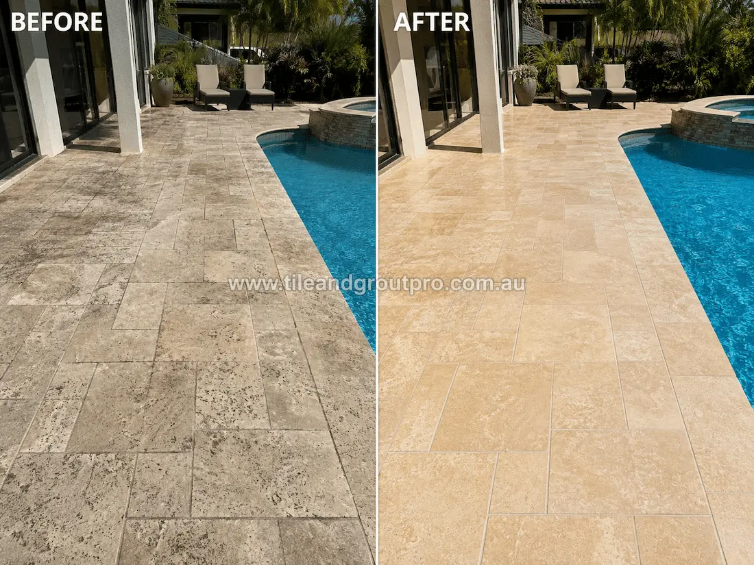 Outdoor pool deck with travertine patio tiles exhibiting weathering, discoloration, and surface wear from outdoor exposure before tile resurfacing and restoration.