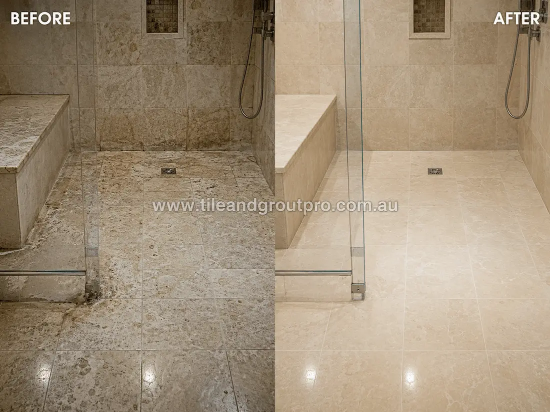 Walk-in bathroom shower with travertine floor and wall tiles showing soap residue, dull stone finish, and visible wear before professional tile resurfacing.