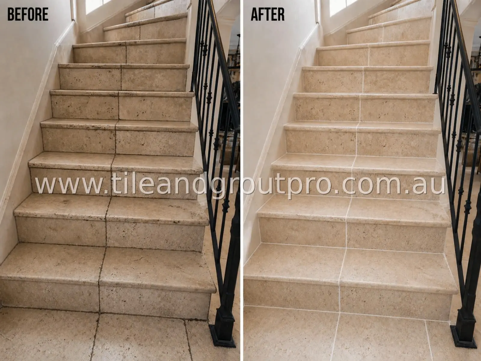 Travertine stairs before and after regrouting showing clean uniform grout lines and restored finish