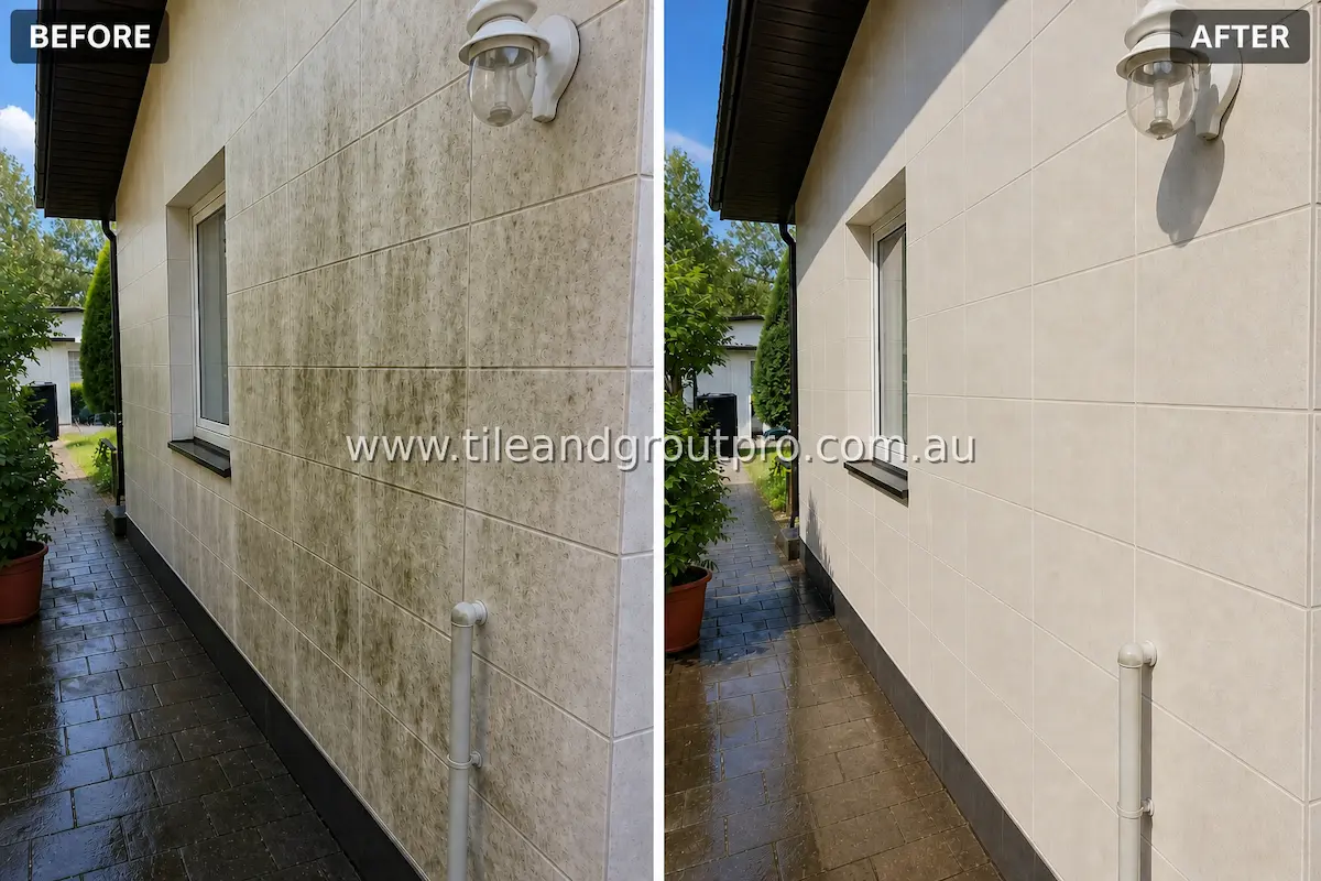 Exterior house wall with large ceramic tiles showing weather staining, algae streaks, and surface grime before tile and grout cleaning