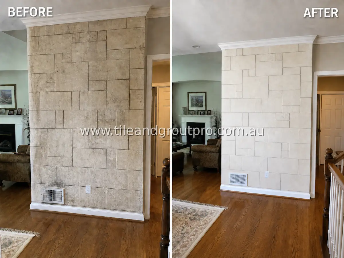Interior living area wall with large ceramic tiles covered in grime, smudges, and uneven staining before professional tile and grout cleaning
