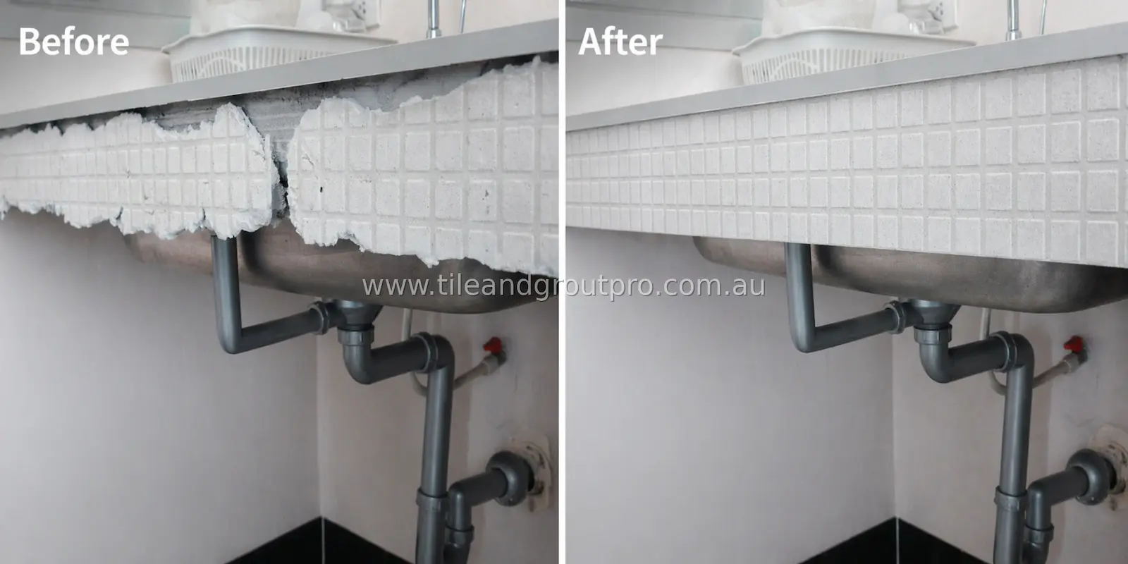 Damaged tile panel under sink before and after repair showing restored finish and clean edges