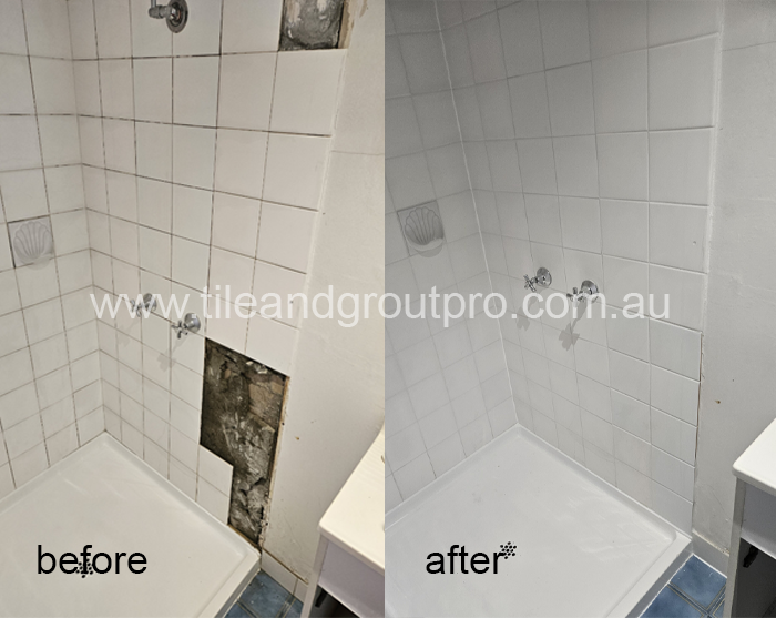 Vanity area before and after tile installation with new backsplash tiles added behind sink