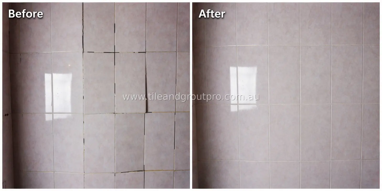 Wall tiles before and after repair with uneven grout lines corrected and tiles aligned