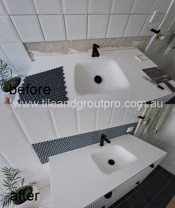 Wall tiles before and after repair showing damaged section replaced and surface restored