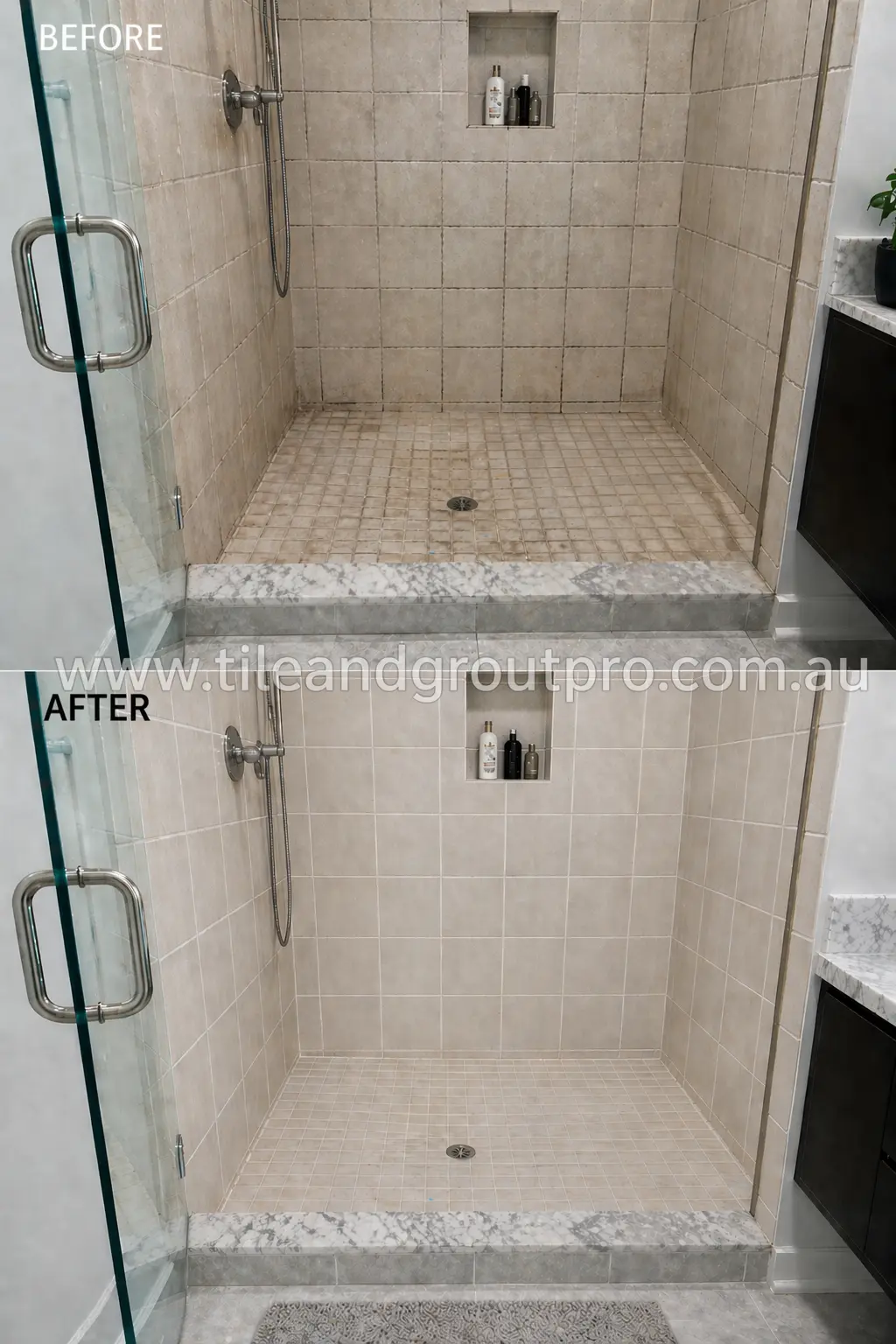 Shower floor and wall tiles before and after regrouting with improved grout consistency and restored finish