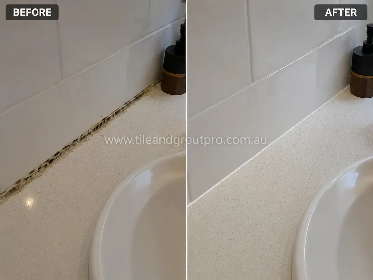 Before and after view of a gloss white subway tile vanity splashback with mouldy, deteriorated silicone joints replaced with clean white silicone around the bathroom countertop. 