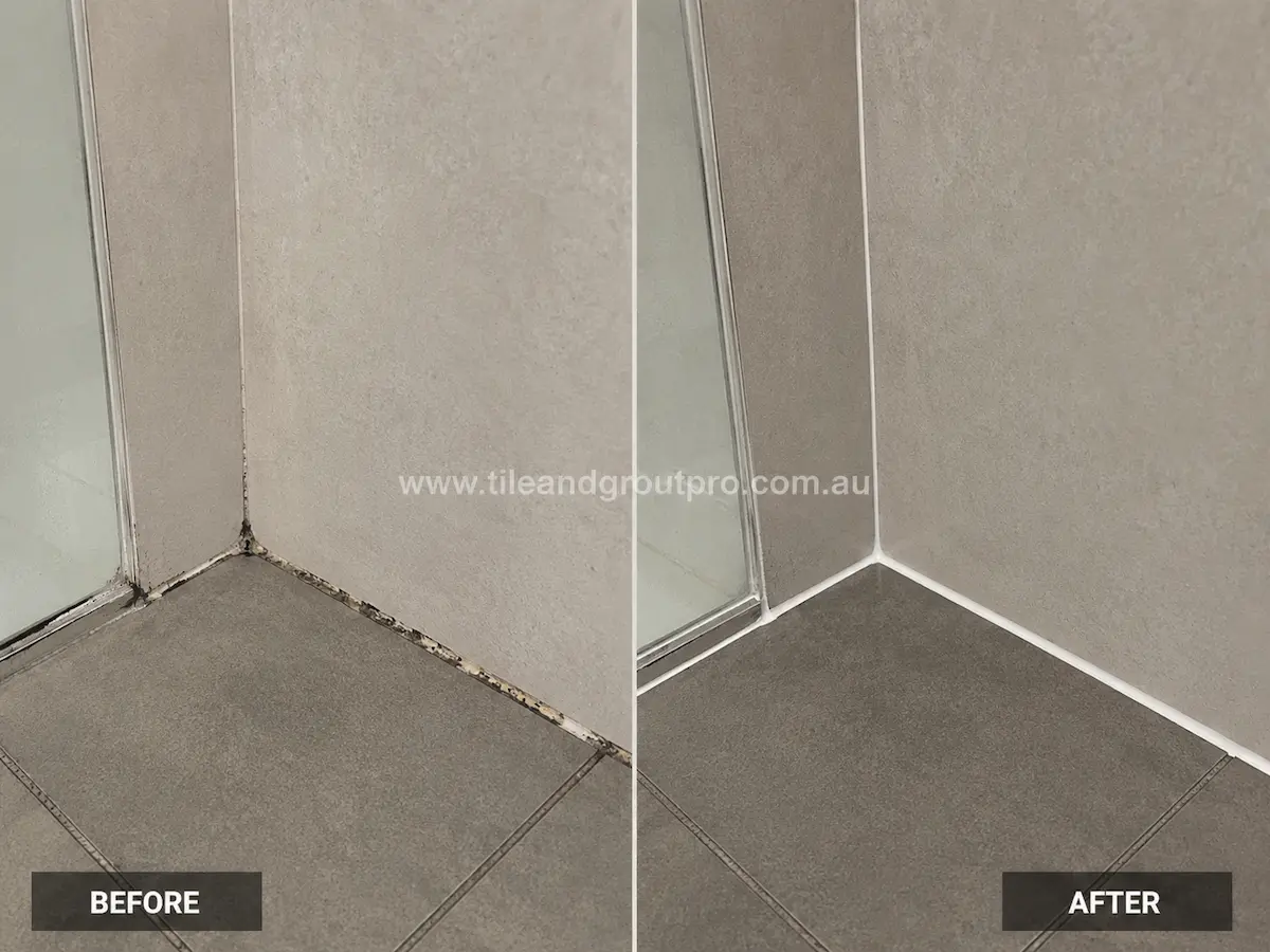 Before and after view of a grey ceramic shower floor and glass screen corner with mouldy deteriorated silicone joints replaced with fresh white silicone. 