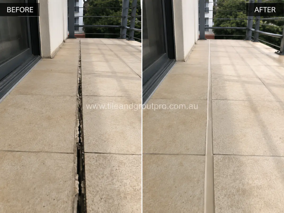  Before and after view of outdoor porcelain balcony tiles with a damaged open expansion joint replaced with smooth weatherproof silicone sealant.