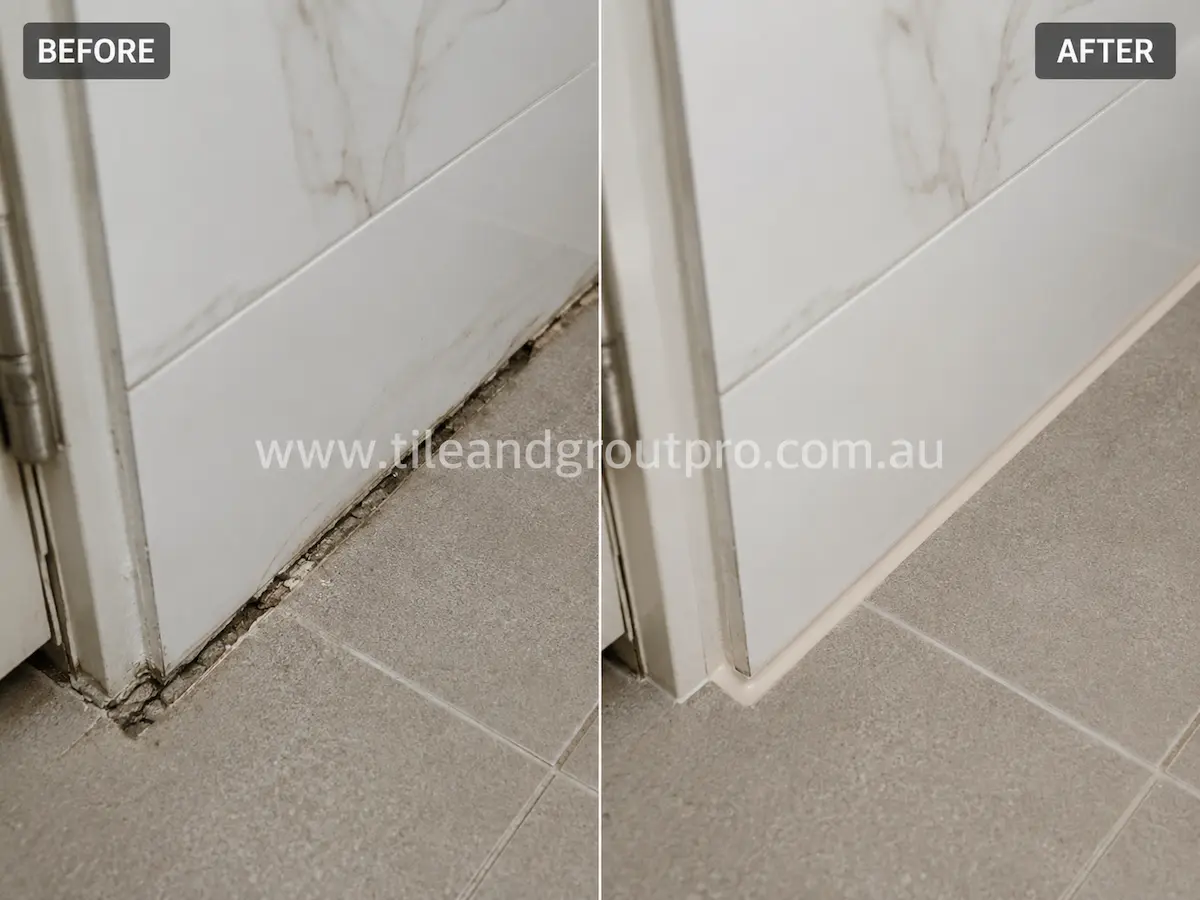 Before and after view of grey porcelain floor tiles beside a bathroom door frame with cracked and missing silicone joints replaced with neat flexible silicone. 