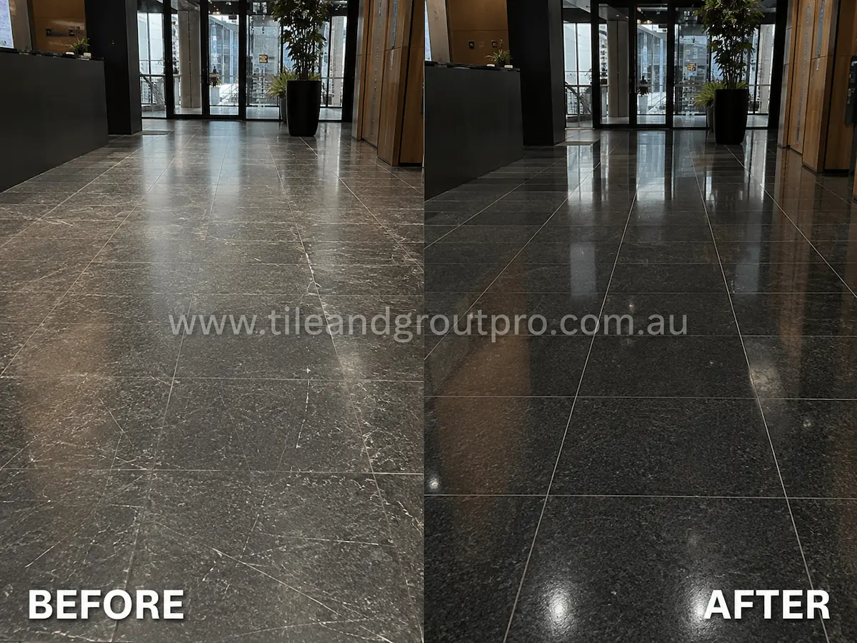 Before and after view of a commercial black granite tile floor with scuff marks, scratches, and dull reflections professionally restored using stone grinding.