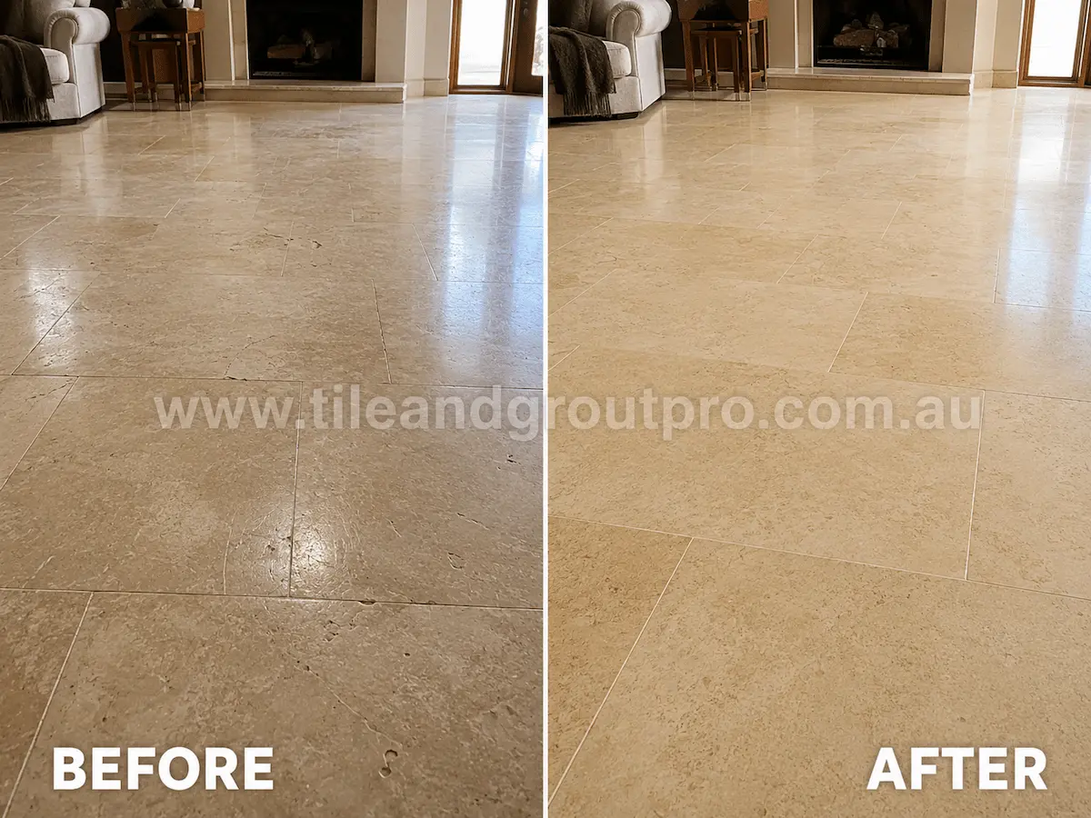Before and after view of an indoor limestone living room floor with dull finish, light etching, and worn surface restored using professional stone grinding.
