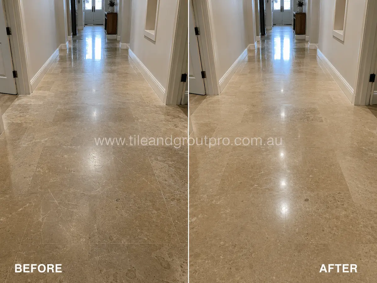 Before and after view of an indoor travertine hallway floor with scratches, faded shine, and heavy foot traffic marks restored by stone grinding and polishing.