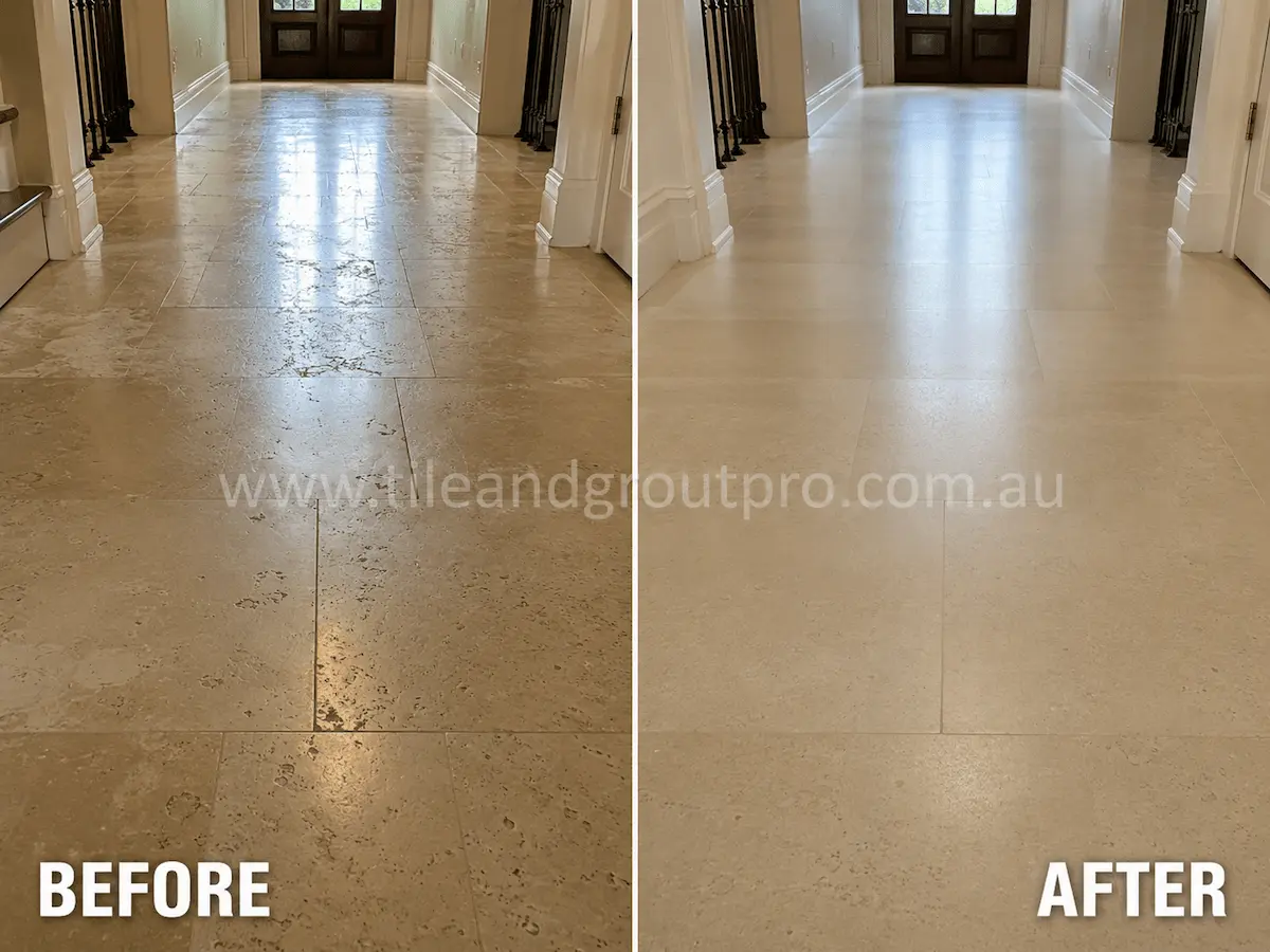 Before and after view of indoor travertine hallway tiles with worn finish, dull patches, and light surface damage refinished using stone grinding.