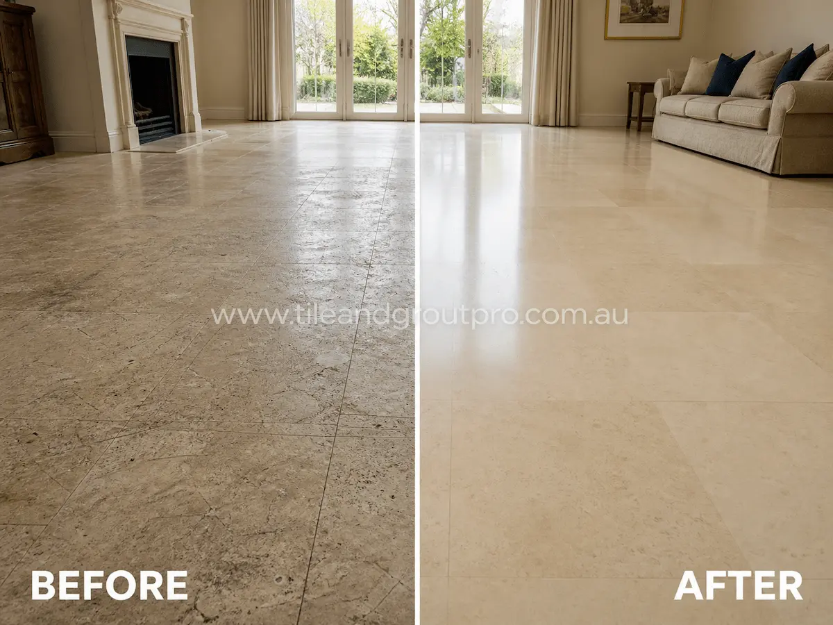 Before and after view of a residential living room limestone tile floor with surface dullness, etching, and worn finish refinished using stone grinding.