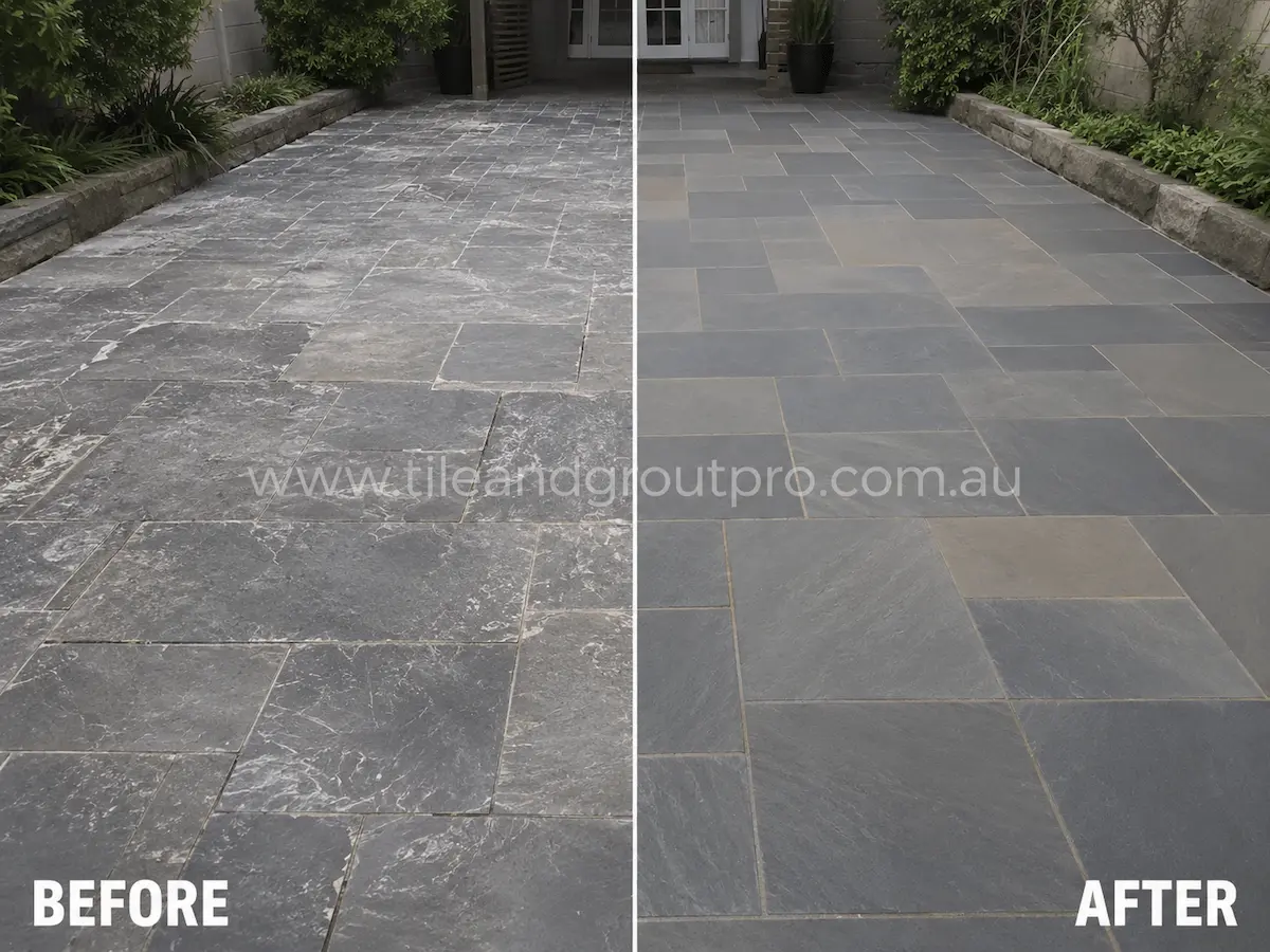 Before and after view of outdoor bluestone patio paving with faded surface, weathering, and dull patches restored using stone grinding.