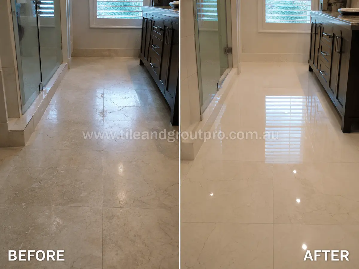 Before and after view of outdoor flagstone entry steps with weathered stone, dull finish, and surface discoloration restored through professional stone grinding.