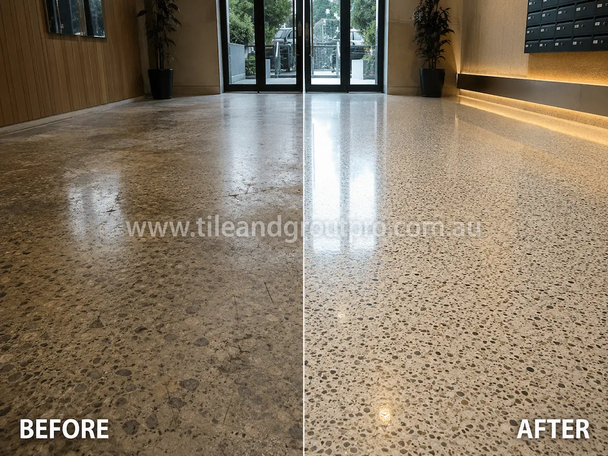Before and after view of a terrazzo apartment lobby floor with dullness, scratches, and uneven sheen restored through stone grinding and polishing.