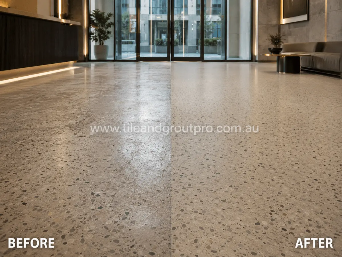 Before and after view of a commercial terrazzo lobby floor with scratches, dullness, and worn aggregate surface restored through stone honing.