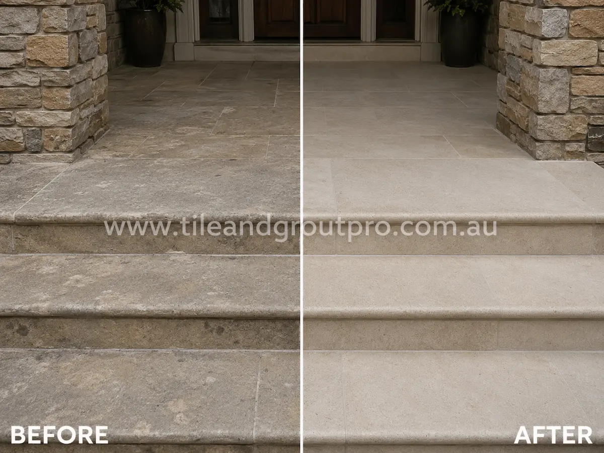Before and after view of outdoor limestone entry steps with weathered surfaces, staining, and uneven coloration professionally restored using stone honing.