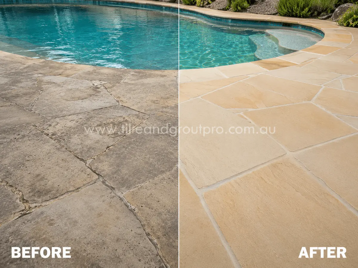 Before and after view of poolside sandstone pavers with weathered discoloration, surface staining, and worn texture restored through professional stone honing.