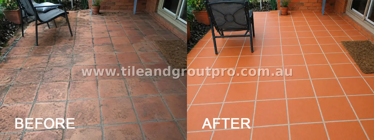 Terracotta outdoor patio tiles with surface staining, dirt buildup, and worn grout before tile and grout cleaning