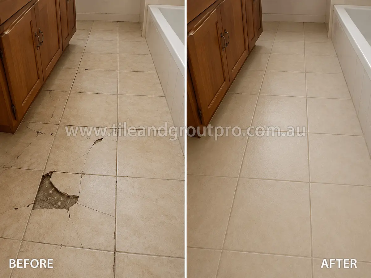 Before and after view of bathroom ceramic floor tiles with severe cracks, broken sections, and missing tile pieces restored through professional tile replacement.