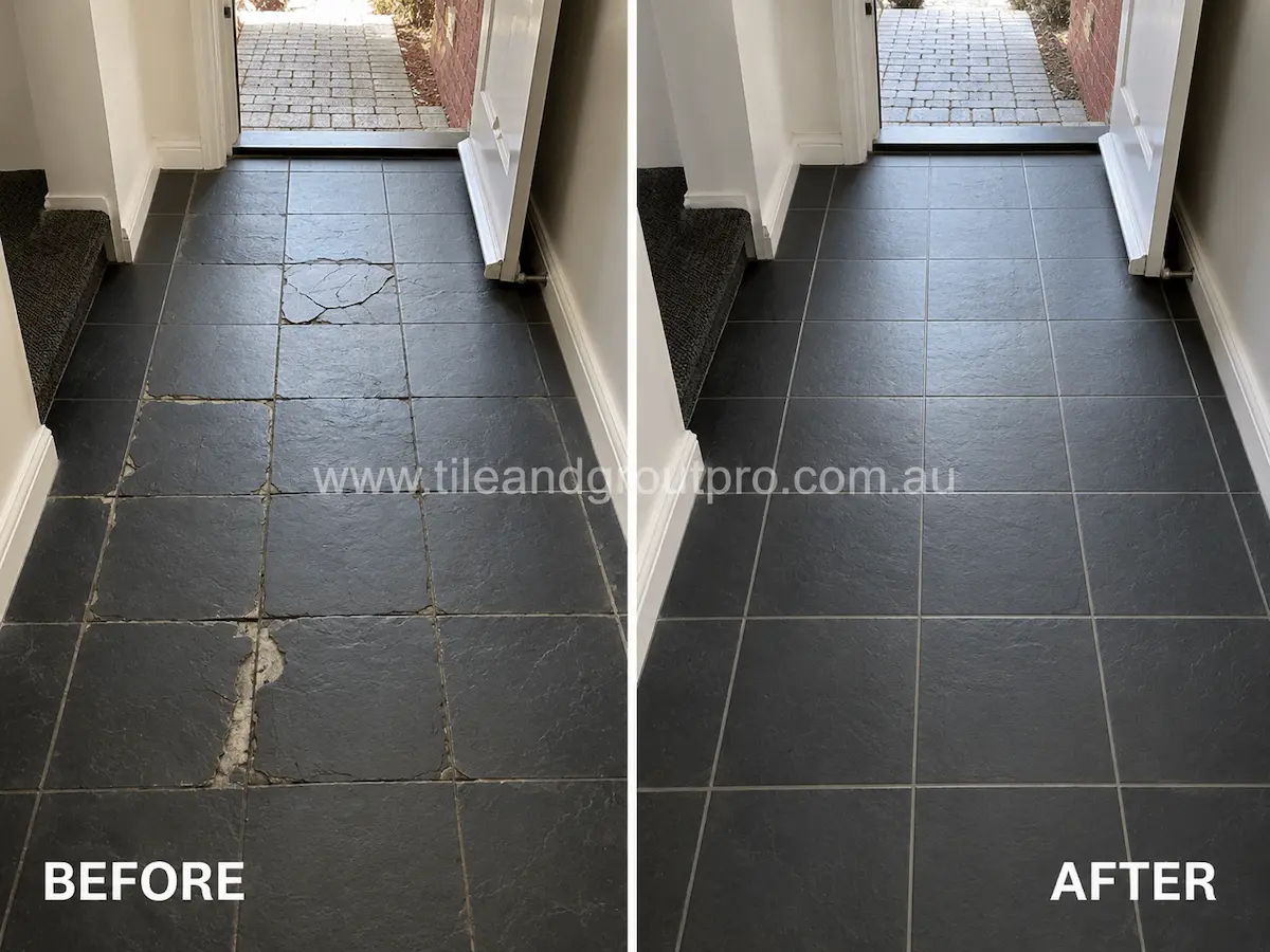 Before and after view of dark slate entryway floor tiles with cracked surfaces, chipped edges, and damaged grout repaired using tile replacement.