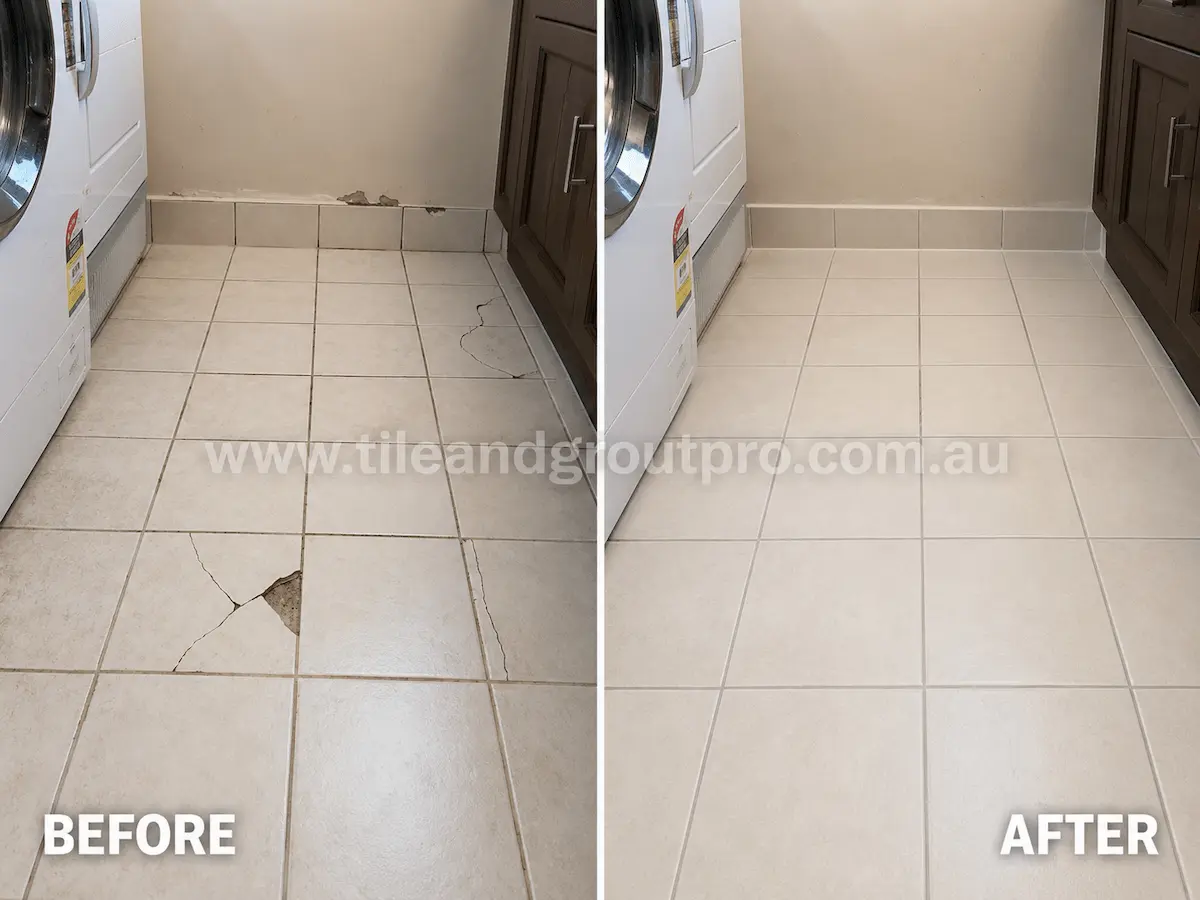 Before and after view of laundry room porcelain floor tiles with cracks, chipped areas, and damaged tile surfaces professionally restored through tile replacement.