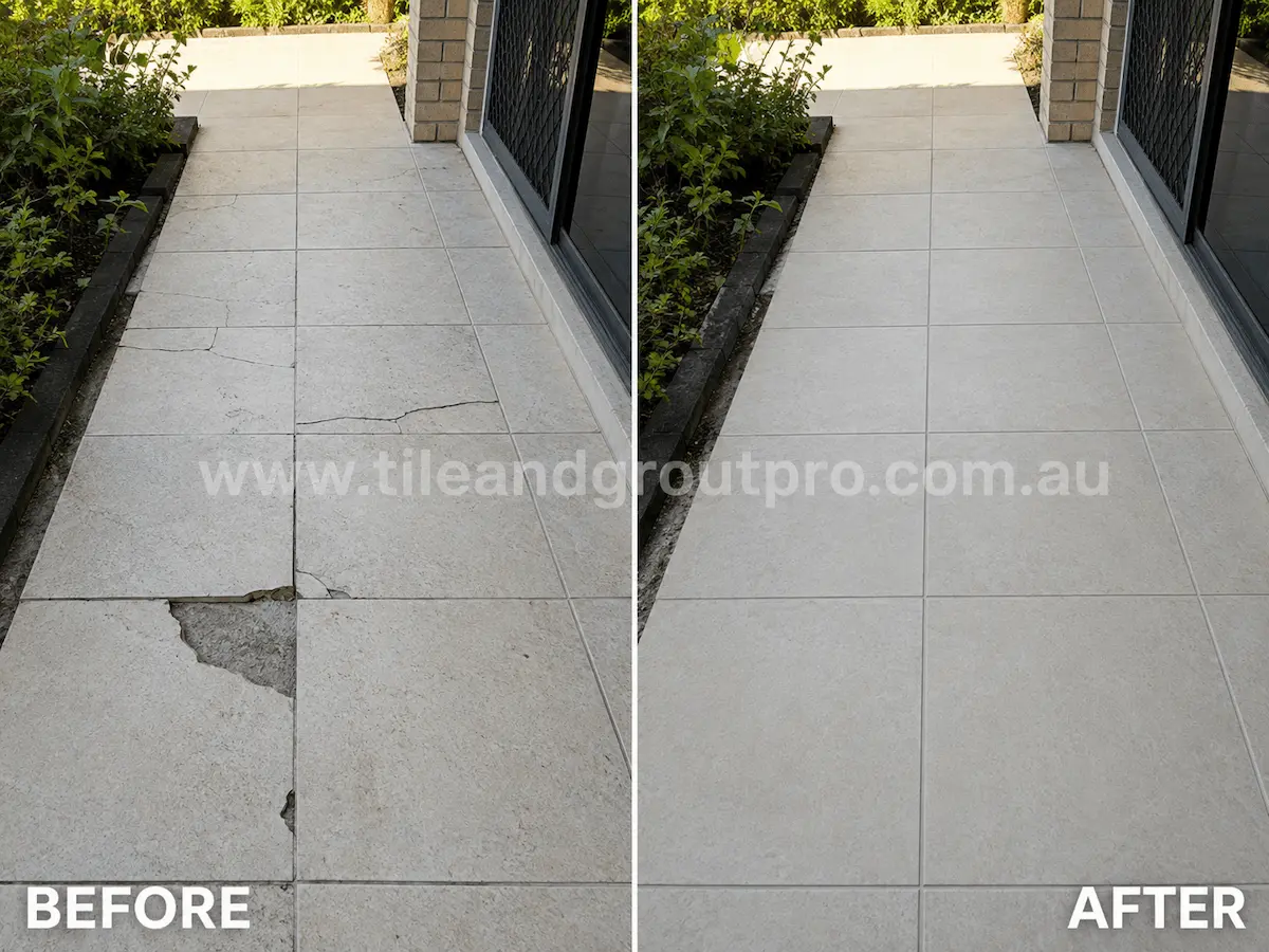 Before and after view of outdoor pathway porcelain tiles with cracked surfaces, broken corners, and damaged walkway sections restored through tile replacement.