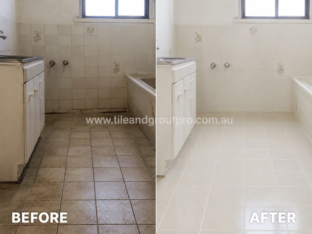 Before and after view of bathroom ceramic floor tiles with discoloration, grime buildup, and worn grout lines professionally renewed using tile resurfacing.