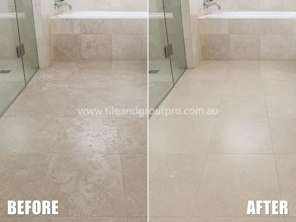 Before and after view of a bathroom limestone tile floor with dull patches, etching, and worn surface texture professionally restored using tile resurfacing.