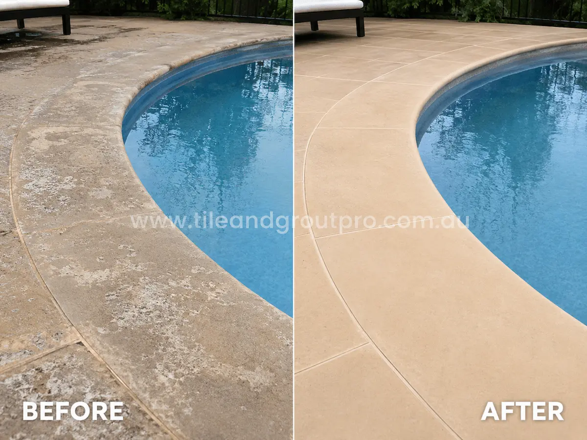 Before and after view of a poolside travertine tile surround with faded color, surface erosion, and weathered patches restored through professional tile resurfacing.