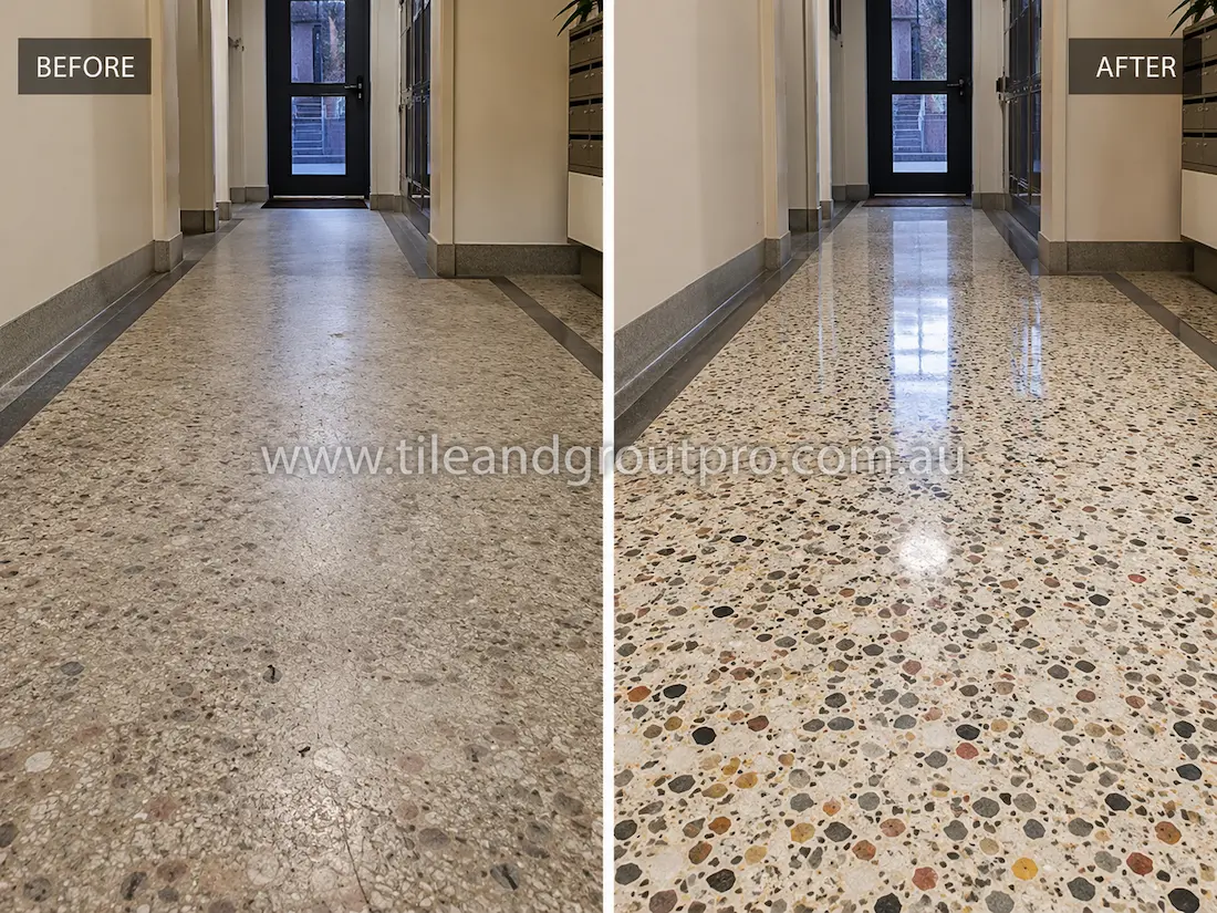 Terrazzo flooring in a residential apartment hallway with a dull, worn finish and visible traffic wear before tile resurfacing and polishing.
