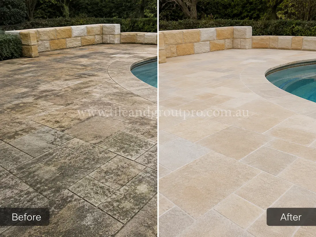 Beige travertine-style natural stone pavers surrounding a residential swimming pool, showing heavy weather staining, dirt buildup, and surface discoloration before tile resurfacing.