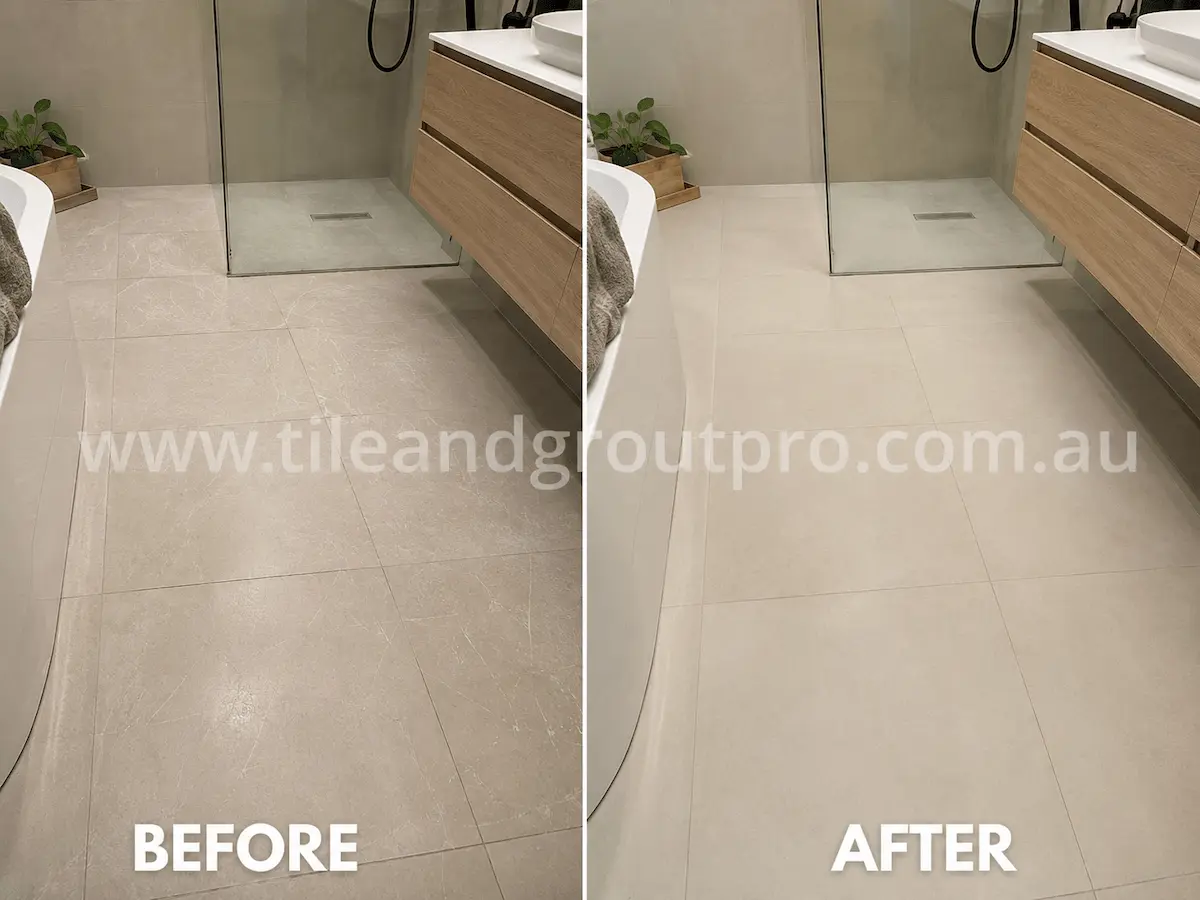 Before and after view of bathroom porcelain floor tiles with fine surface scratches near a vanity and shower area repaired using tile scratch removal.
