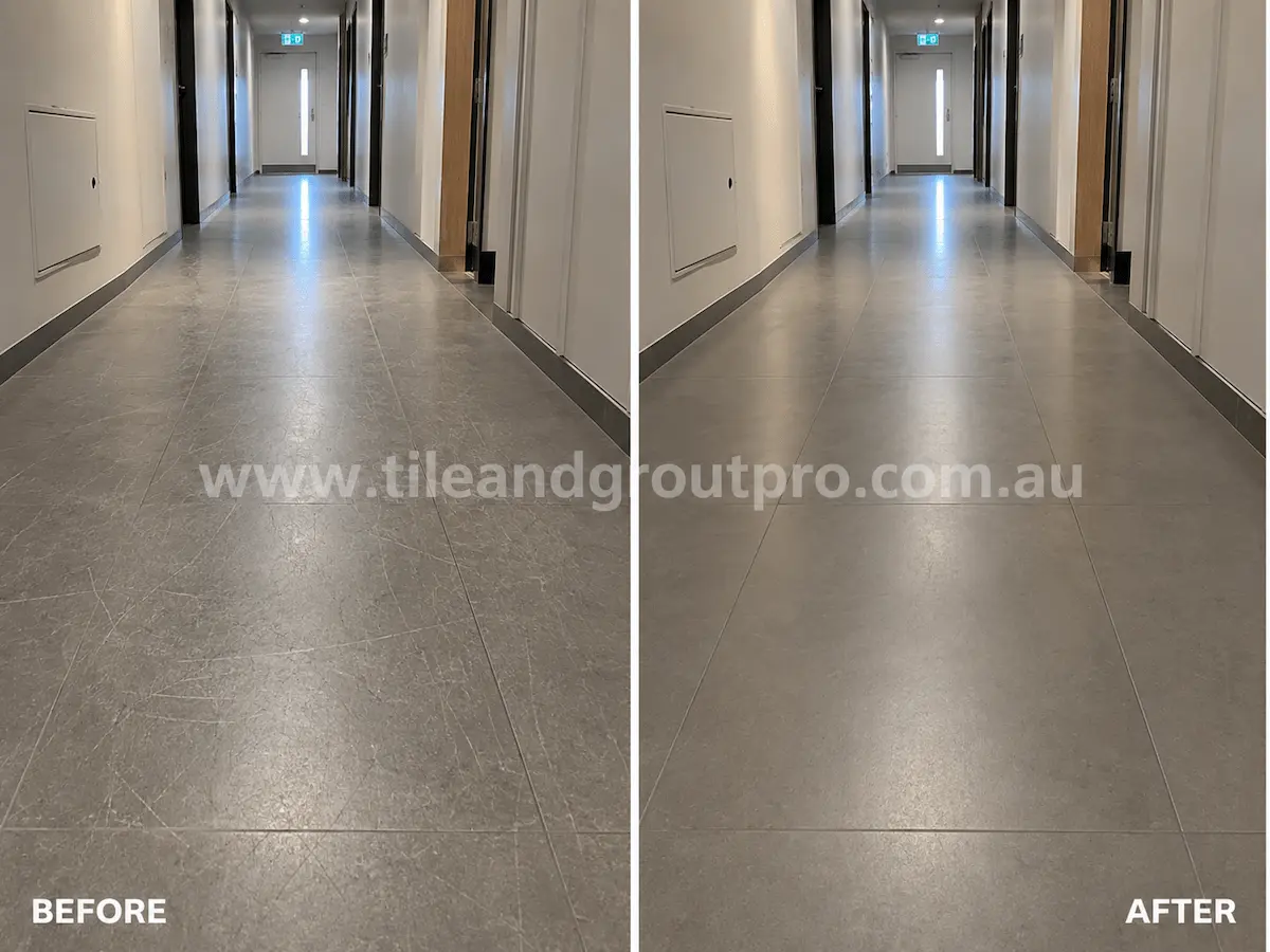 Before and after view of commercial hallway porcelain tiles with noticeable scuffing and scratch damage repaired using professional tile scratch removal.