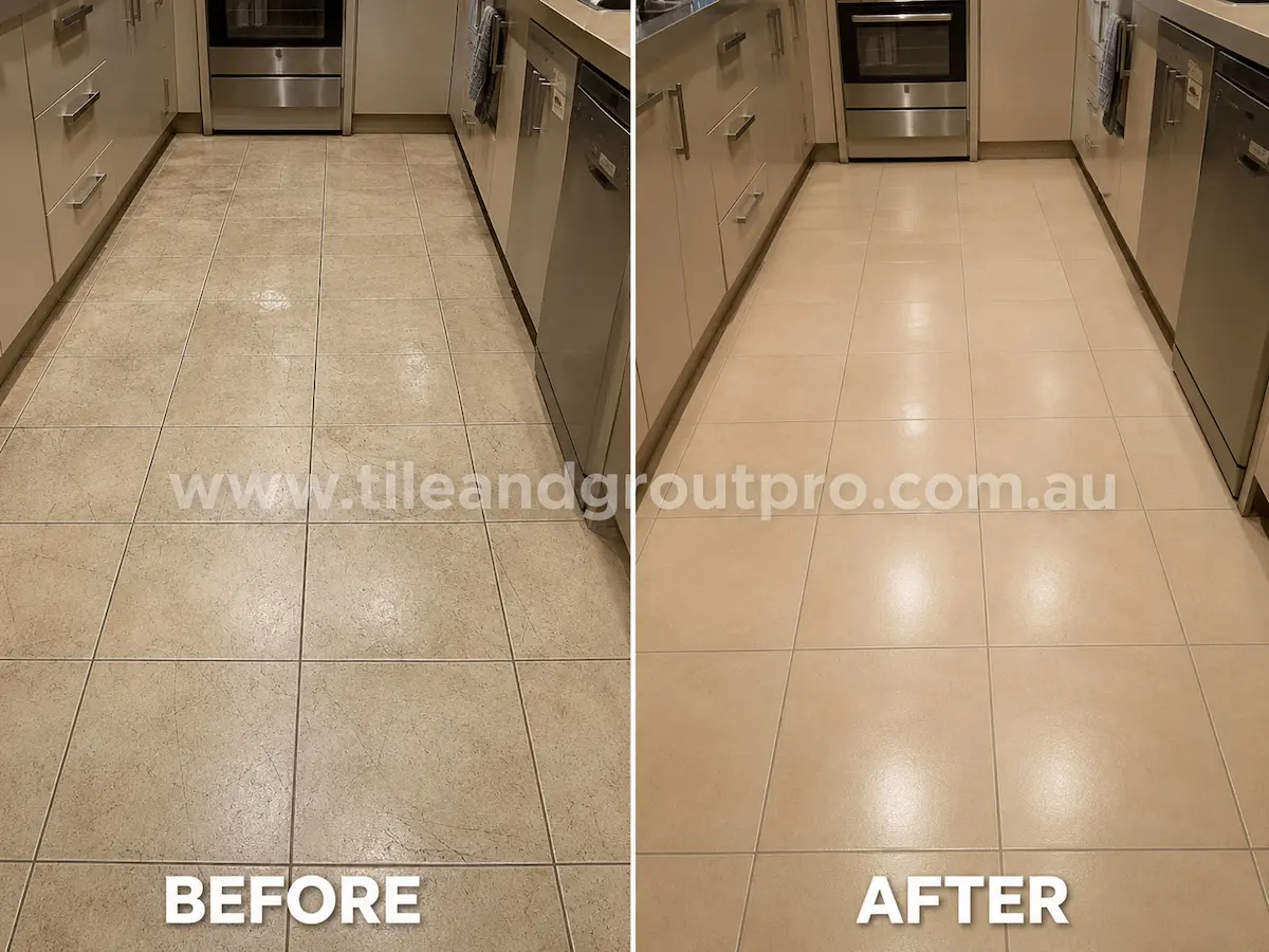 Before and after view of kitchen ceramic floor tiles with widespread scratch marks and dull wear restored using tile scratch removal service.