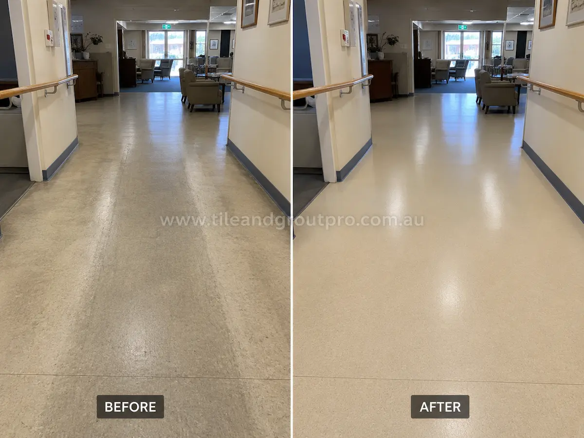 Before and after view of aged care facility vinyl flooring with dull traffic lanes and surface wear professionally cleaned and sealed.