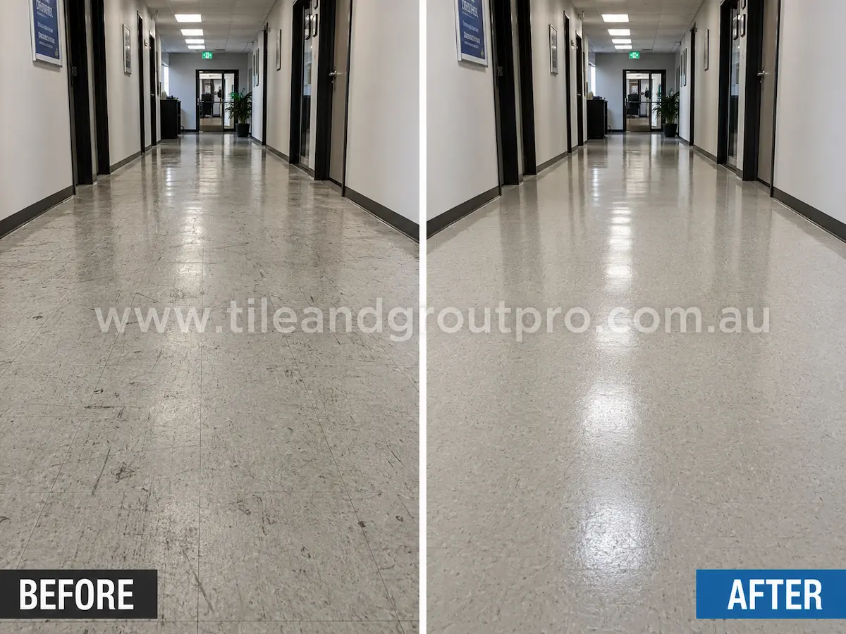 Before and after view of commercial office hallway vinyl flooring with scuff marks and heavy foot traffic wear cleaned and sealed for a polished finish.