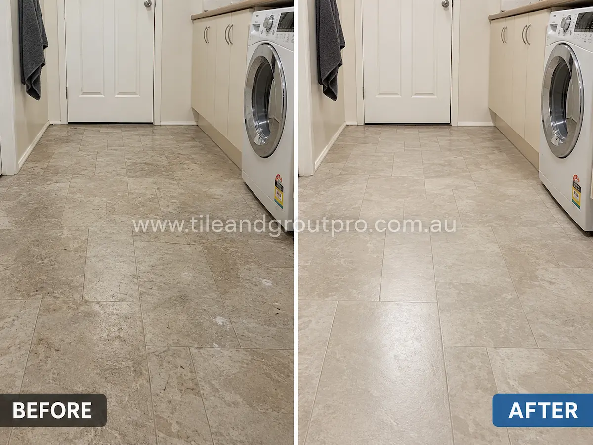 Before and after view of residential laundry room vinyl flooring with dirt stains and worn traffic areas restored through vinyl cleaning and sealing.