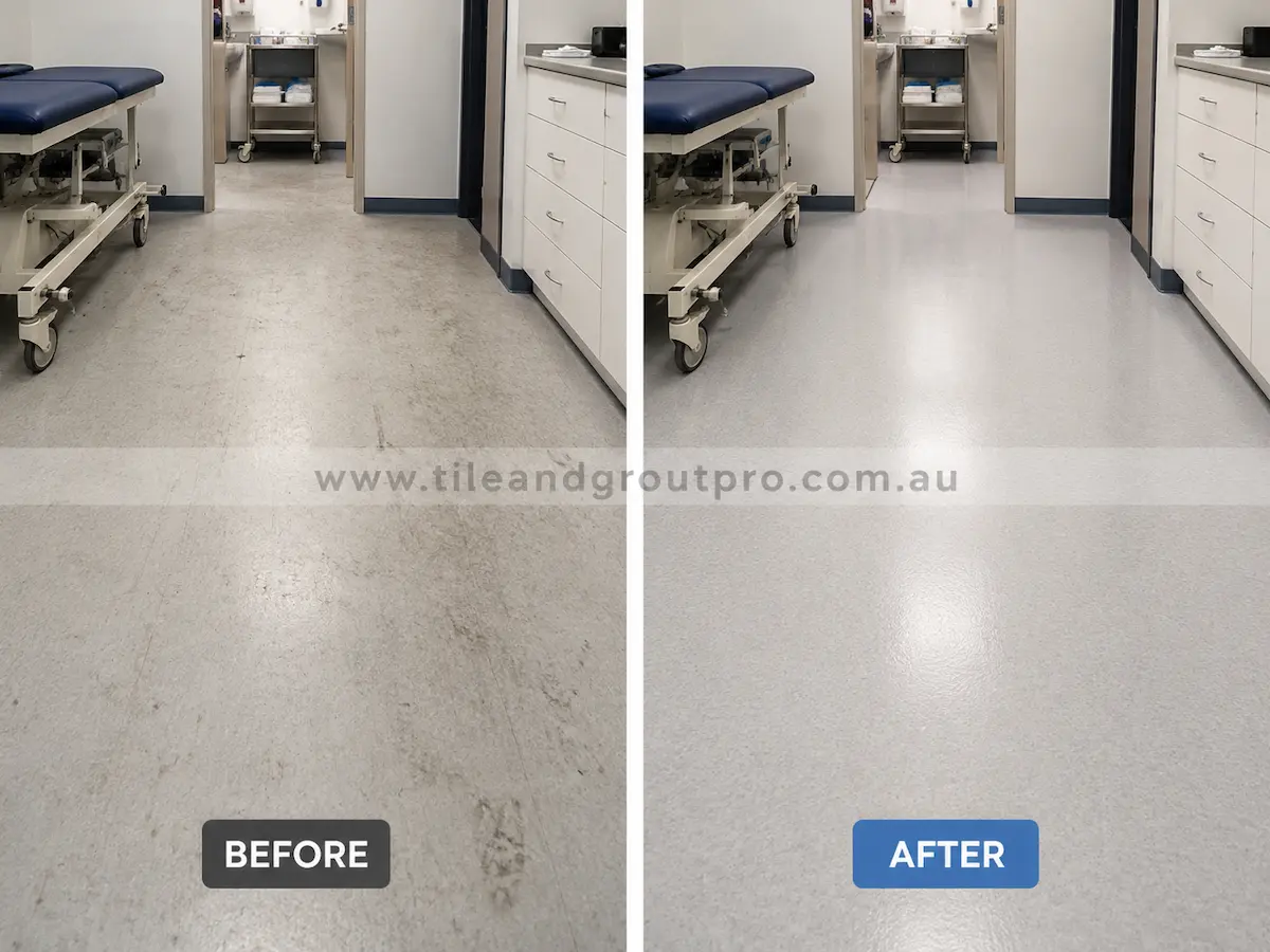 Before and after view of medical clinic vinyl flooring with surface grime and dull finish professionally cleaned and sealed for a hygienic appearance.