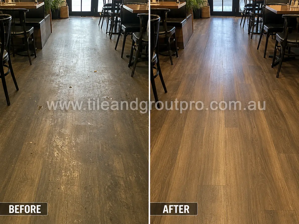 Before and after view of restaurant wood-look vinyl flooring with grease marks, dirt buildup, and dull finish restored through vinyl cleaning and sealing.