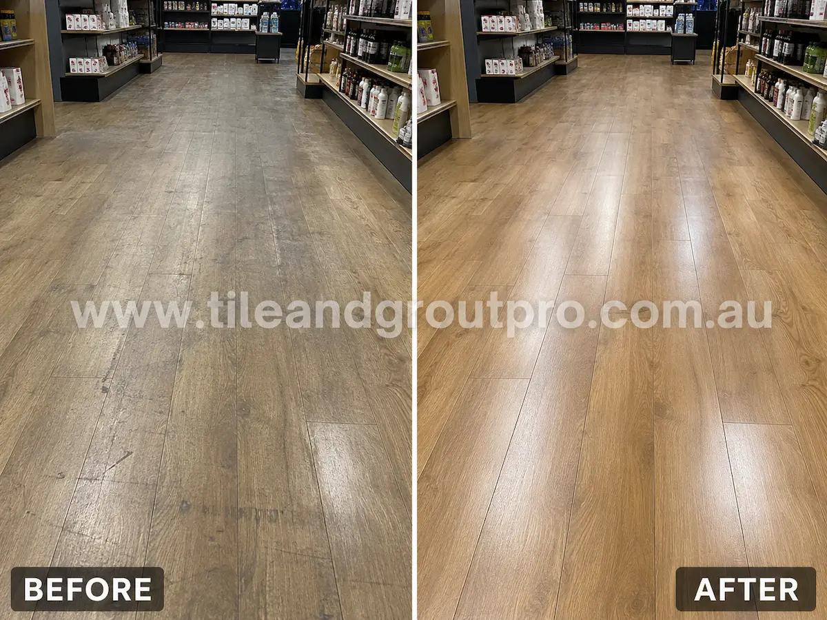 Before and after view of wood-look vinyl flooring inside a retail store with dirt buildup and worn surface professionally cleaned and sealed.