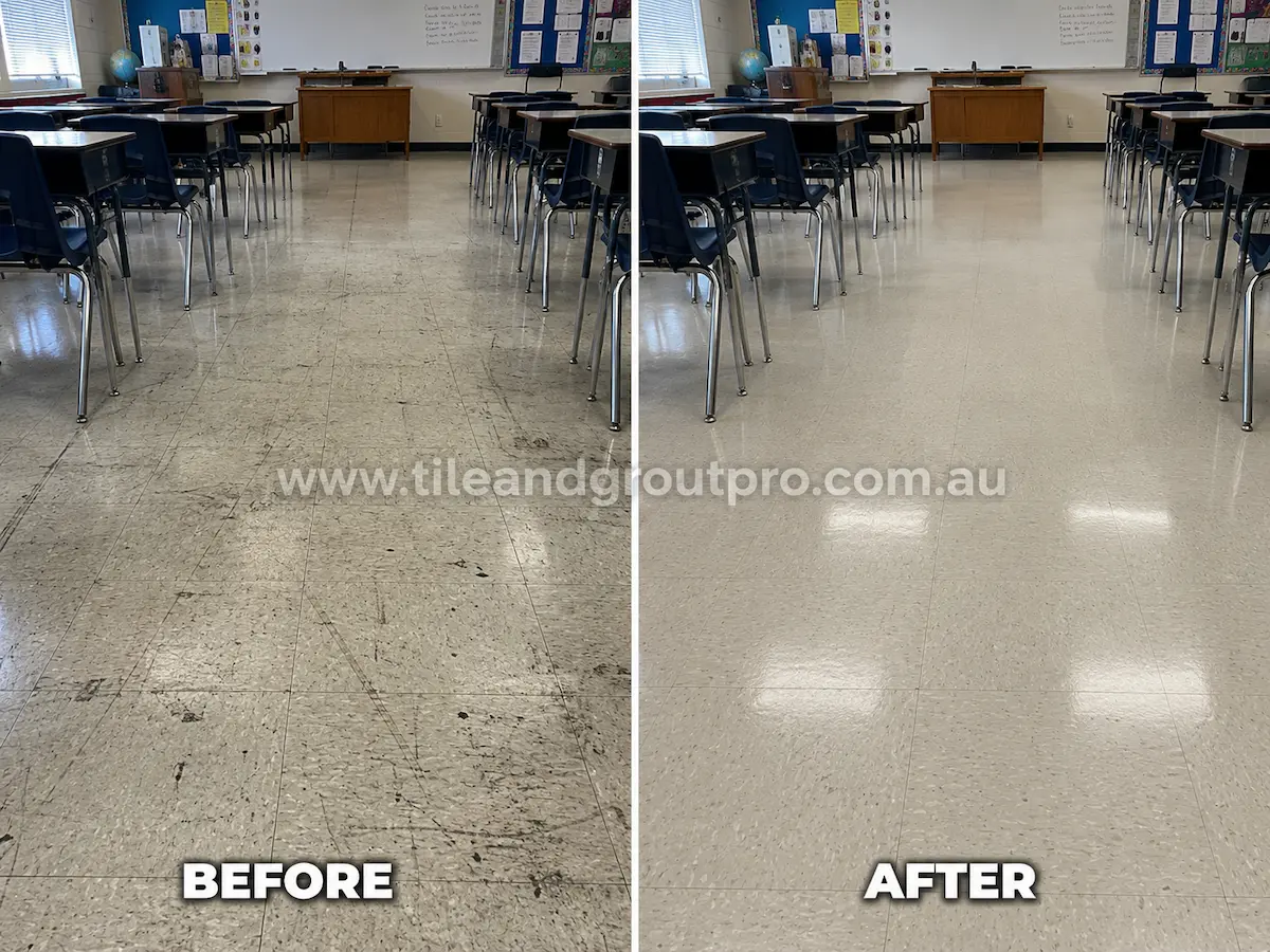 Before and after view of classroom vinyl tile flooring with black scuff marks and heavy traffic wear restored through vinyl cleaning and sealing.