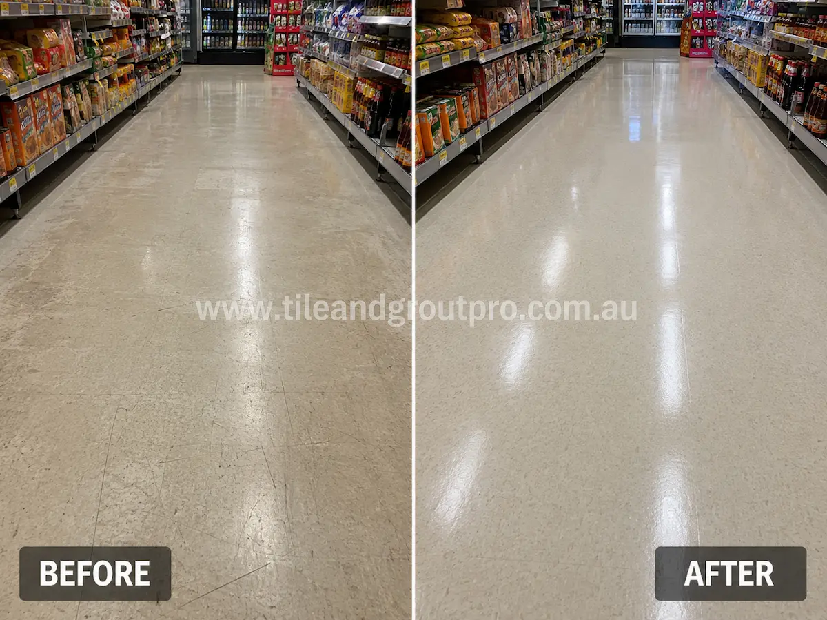 Before and after view of supermarket vinyl flooring with scratches, scuff marks, and heavy traffic wear professionally cleaned and sealed.