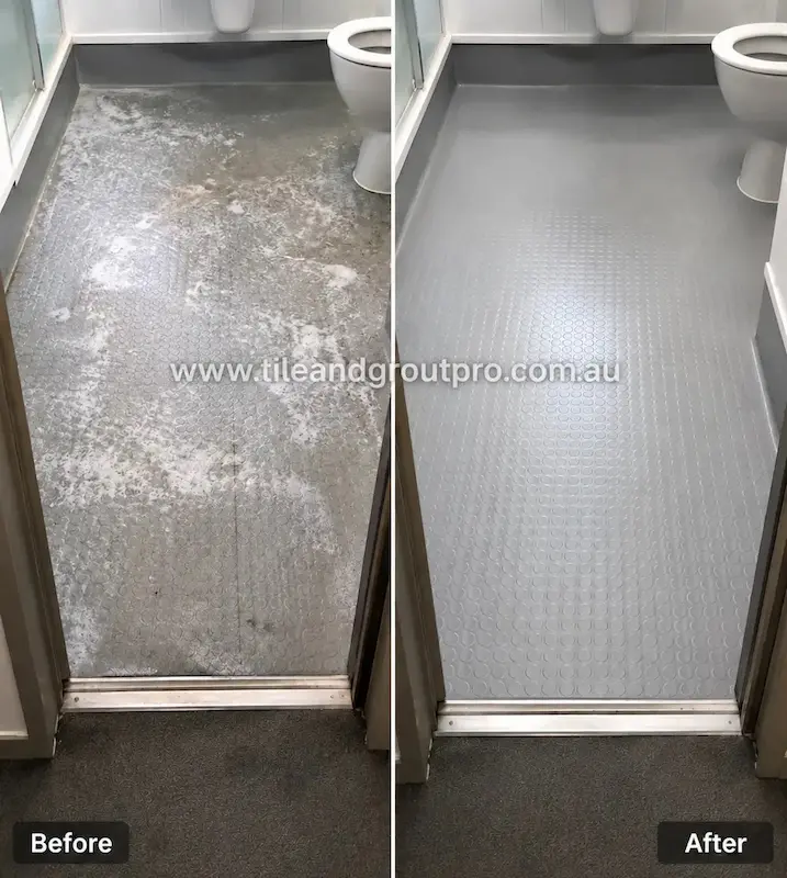 Before and after view of gray rubberized vinyl flooring in a bathroom with soap residue, discoloration, and surface grime professionally restored through vinyl floors cleaning.