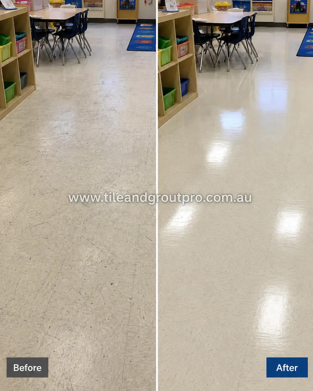 Before and after view of off-white vinyl tile flooring in a classroom with scuff marks, scratches, and dull finish before vinyl floors cleaning and polishing.