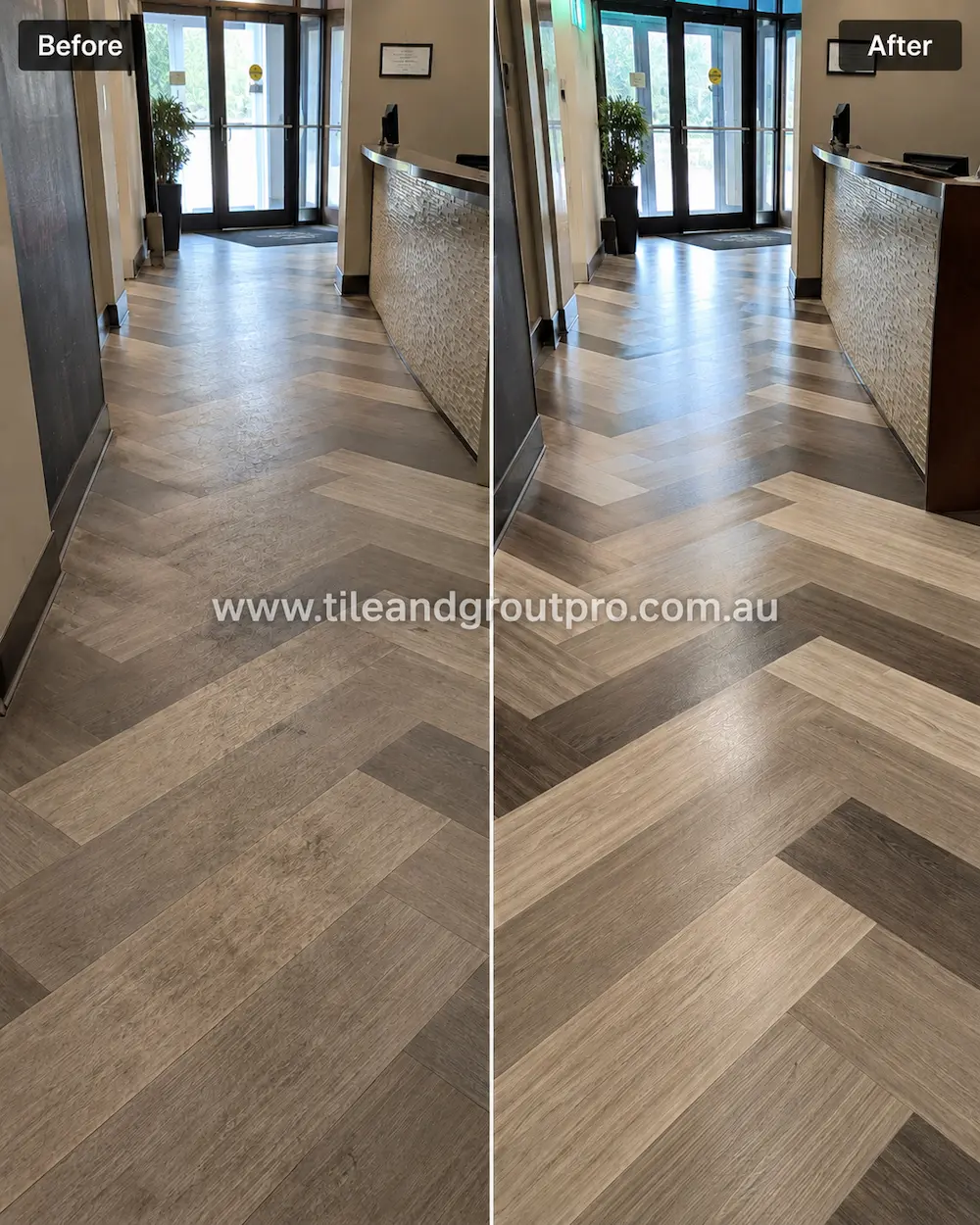 Before and after view of herringbone-pattern vinyl plank flooring in an office lobby showing faded finish, dirt buildup, and traffic wear before vinyl floors cleaning.